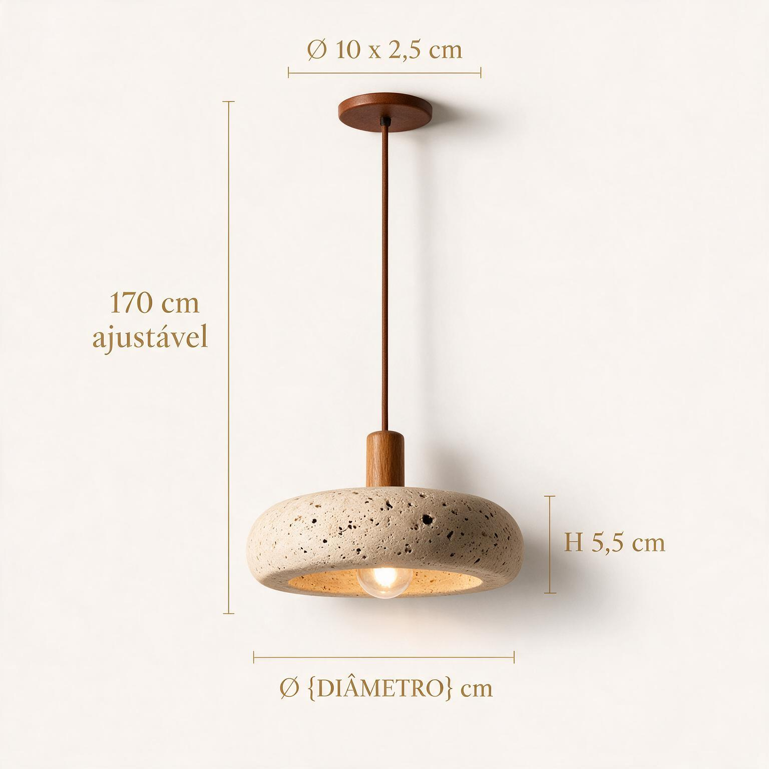 Pendente de Teto em Travertino Natural e Madeira 12W Bivolt Wabi-Sabi 15cm para Quarto e Sala de Jantar