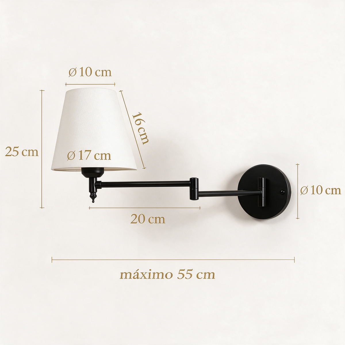 Arandela de Parede Articulada em Metal com Cúpula de Tecido E27 Bivolt Dobrável e Rotativa para Quarto e Escritório