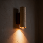 Arandela de Parede Tubular em Pedra Travertino e Madeira G9 Bivolt Wabi-Sabi Bidirecional para Quarto e Sala