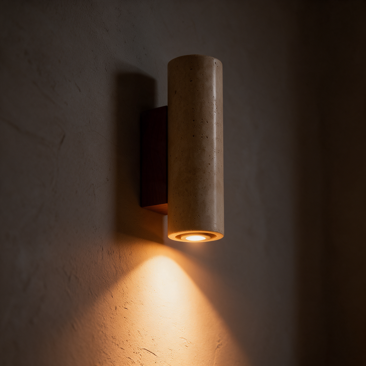 Arandela de Parede Tubular em Pedra Travertino e Madeira G9 Bivolt Wabi-Sabi Bidirecional para Quarto e Sala