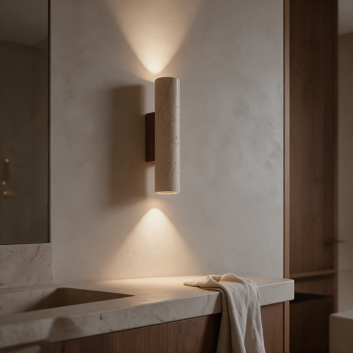 Arandela de Parede Tubular em Pedra Travertino e Madeira G9 Bivolt Wabi-Sabi Bidirecional para Quarto e Sala