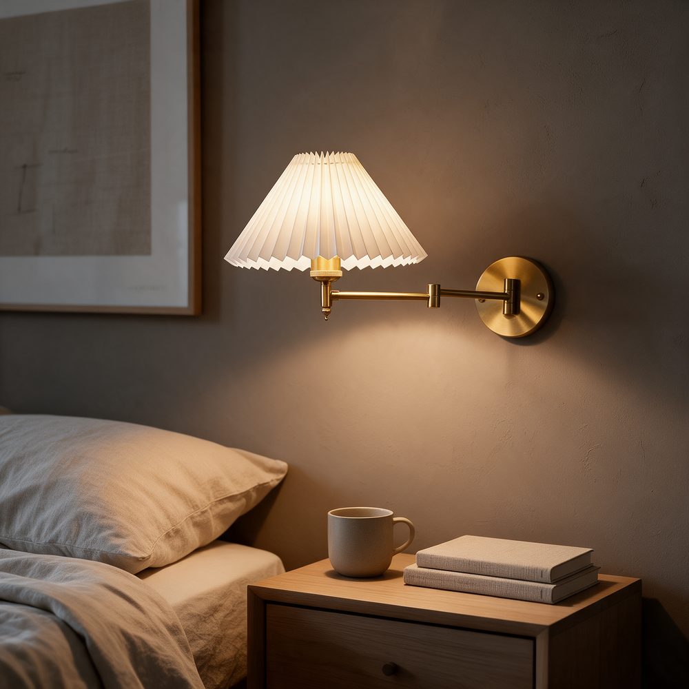Arandela de Parede Articulada em Metal com Cúpula de Tecido E27 Bivolt Dobrável e Rotativa para Quarto e Escritório