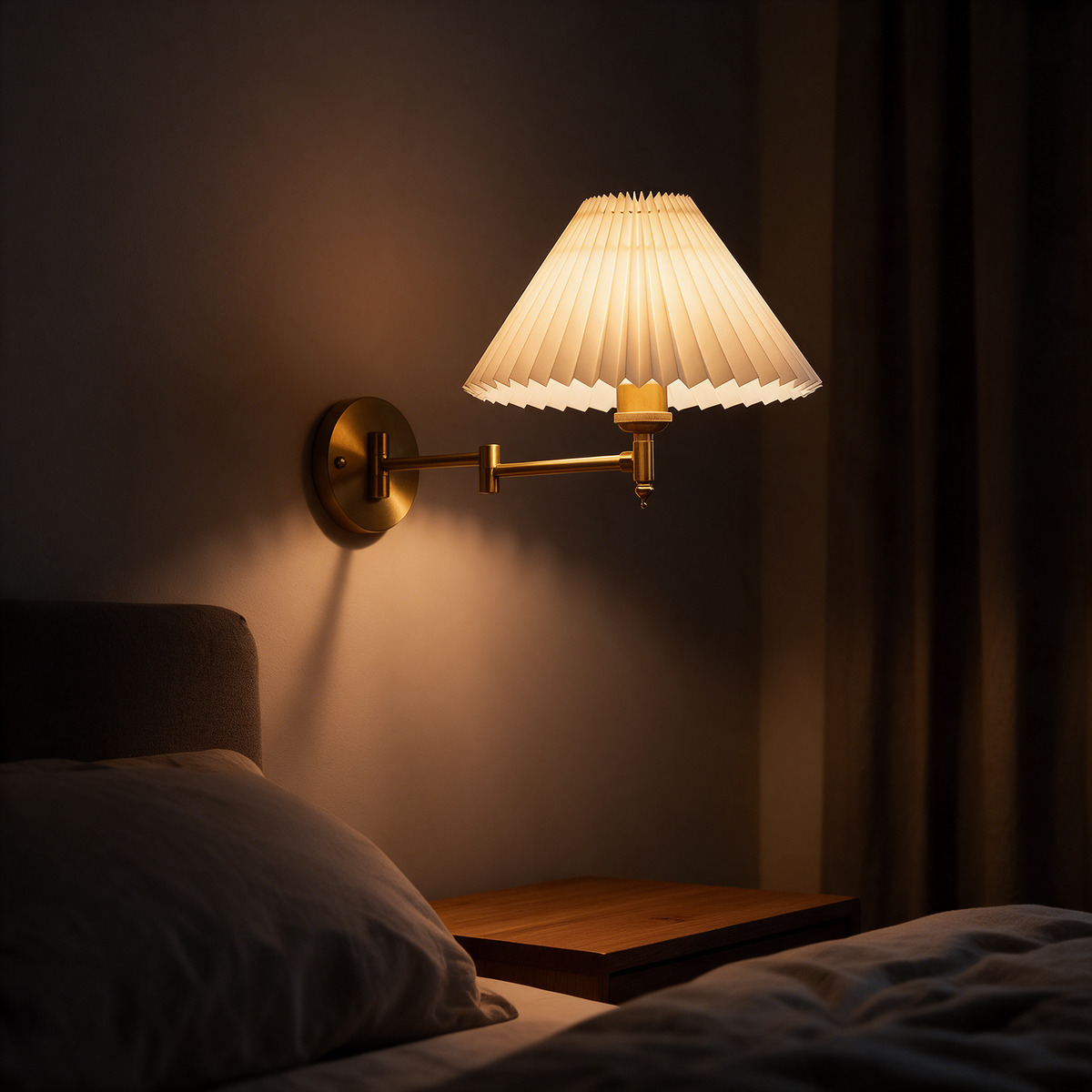 Arandela de Parede Articulada em Metal com Cúpula de Tecido E27 Bivolt Dobrável e Rotativa para Quarto e Escritório