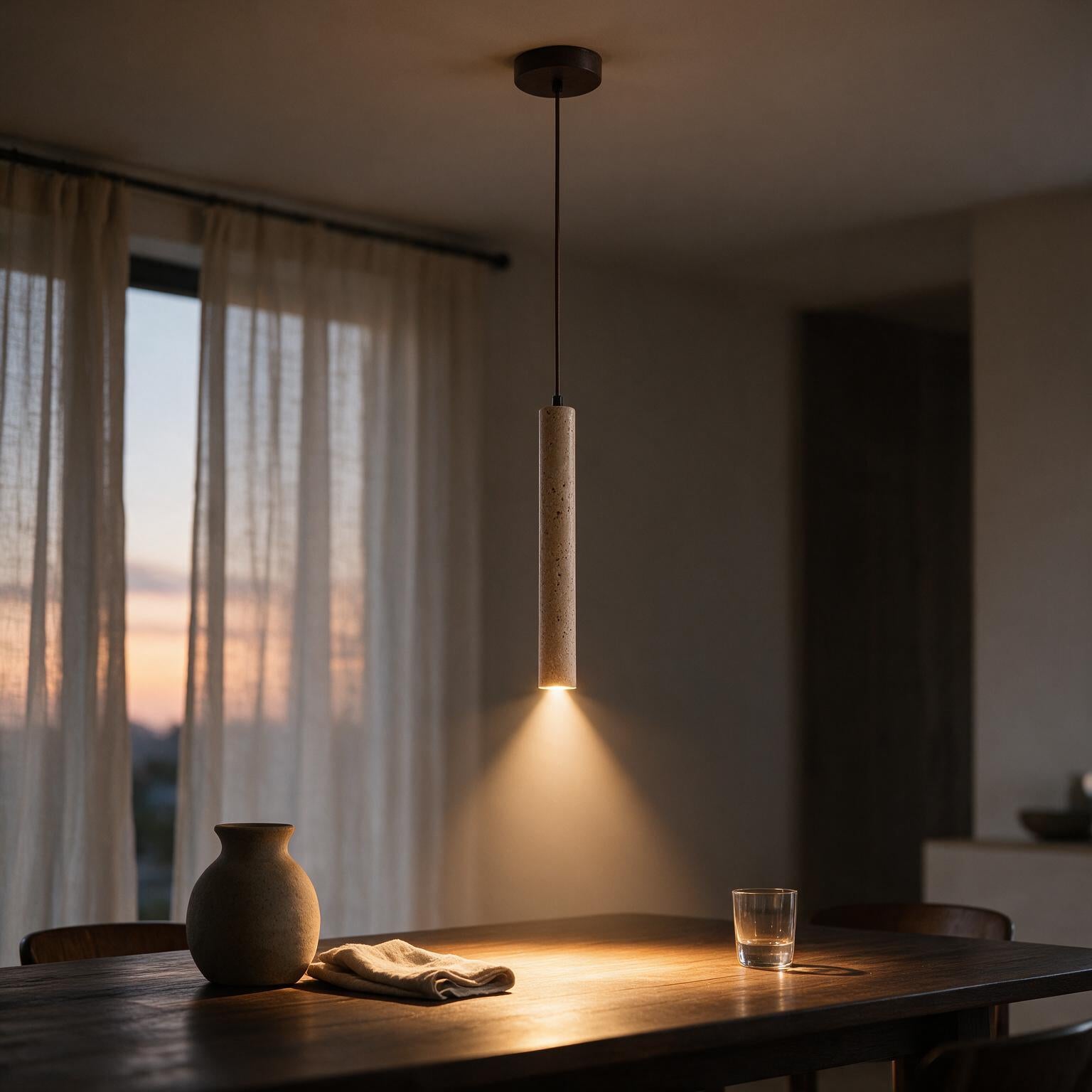 Pendente de Teto Tubular Slim em Pedra Travertino Natural G4 5W Bivolt Estilo Japonês para Quarto e Sala de Jantar