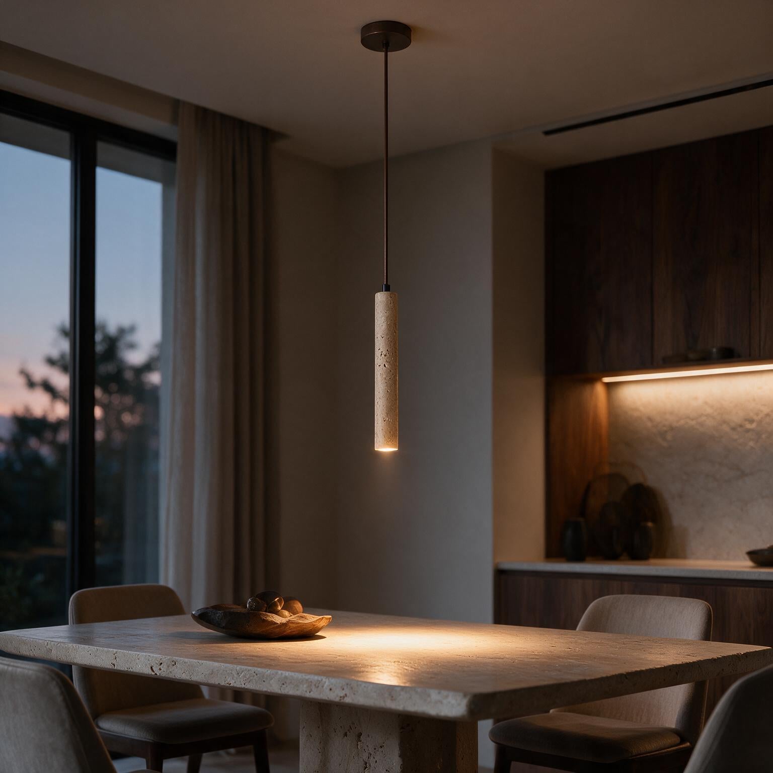 Pendente de Teto Tubular Slim em Pedra Travertino Natural G4 5W Bivolt Estilo Japonês para Quarto e Sala de Jantar