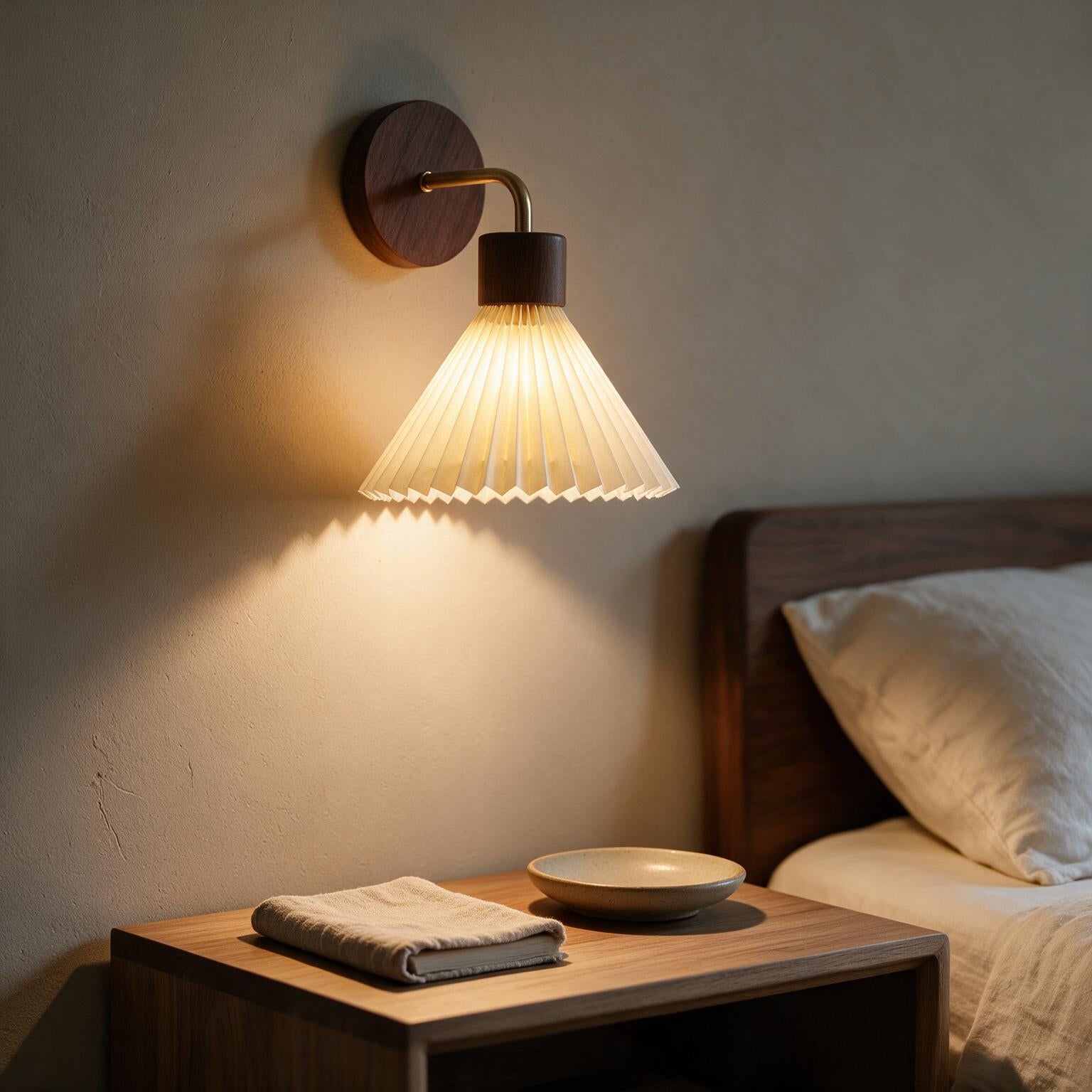 Arandela de Parede em Madeira e Ferro com Cúpula de Tecido E27 Bivolt Estilo Nórdico para Quarto e Sala