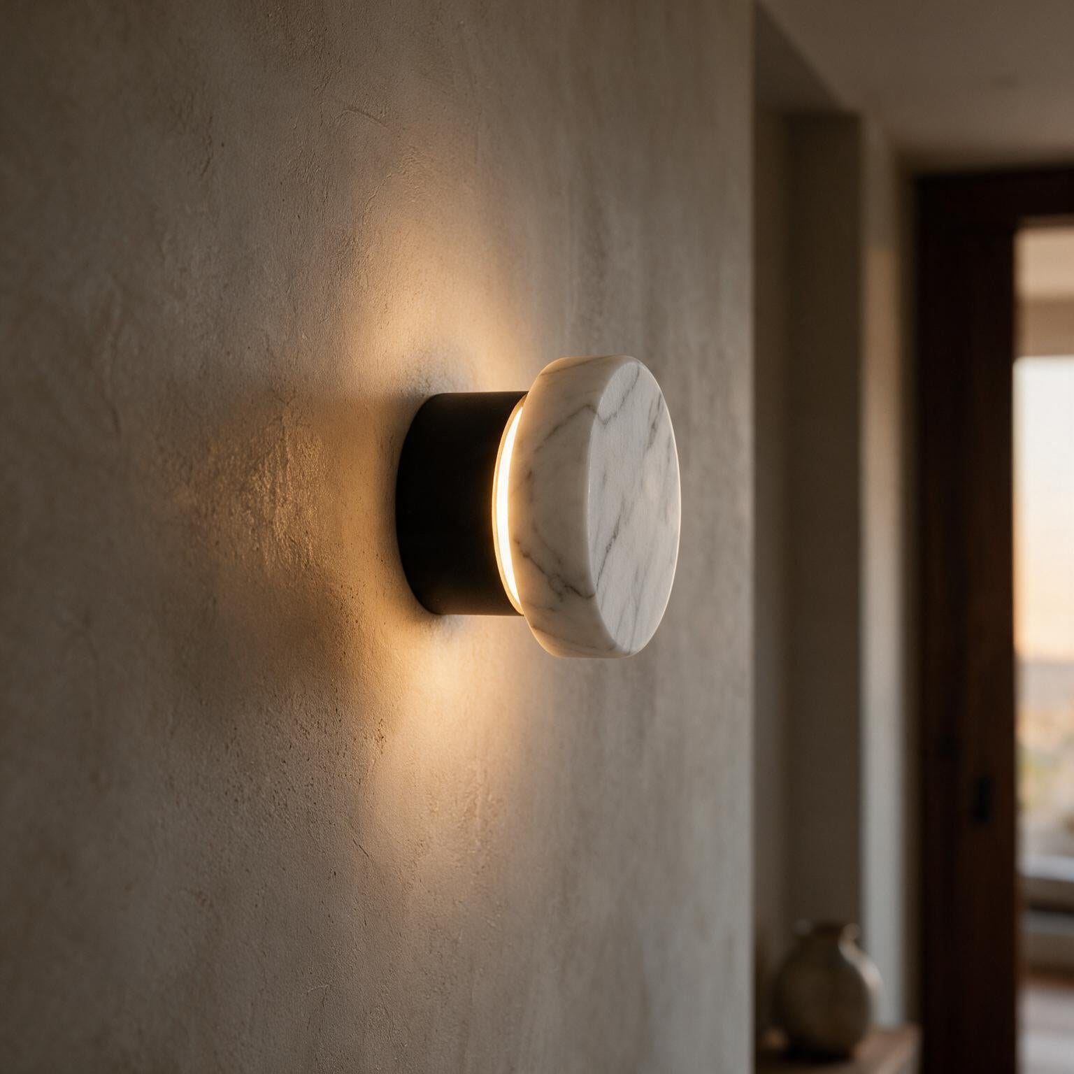 Arandela de Parede Circular em Mármore Natural e Cobre LED Bivolt Nórdica para Quarto e Sala