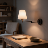 Arandela de Parede Articulada em Metal com Cúpula de Tecido E27 Bivolt Dobrável e Rotativa para Quarto e Escritório