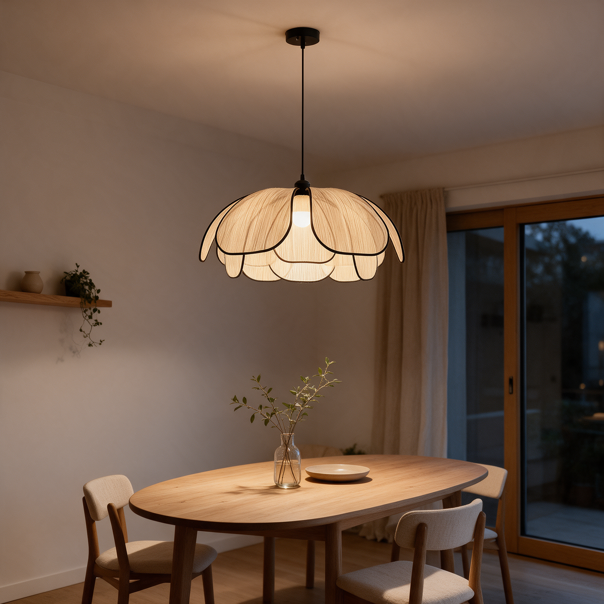 Lustre Pendente em Fibra Vegetal Trançada à Mão e Ferro E27 Bivolt Formato Lótus para Sala de Jantar e Quarto