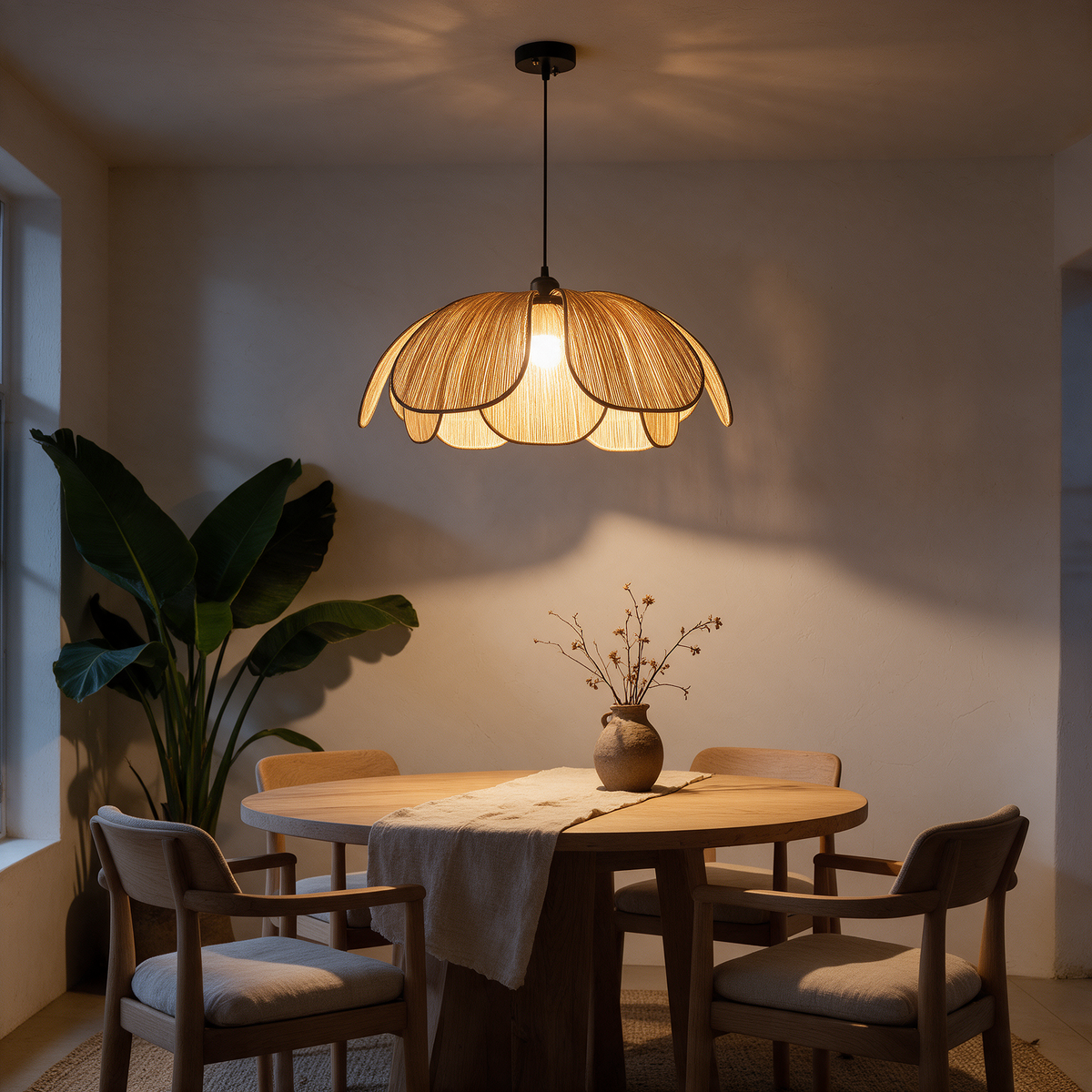 Lustre Pendente em Fibra Vegetal Trançada à Mão e Ferro E27 Bivolt Formato Lótus para Sala de Jantar e Quarto