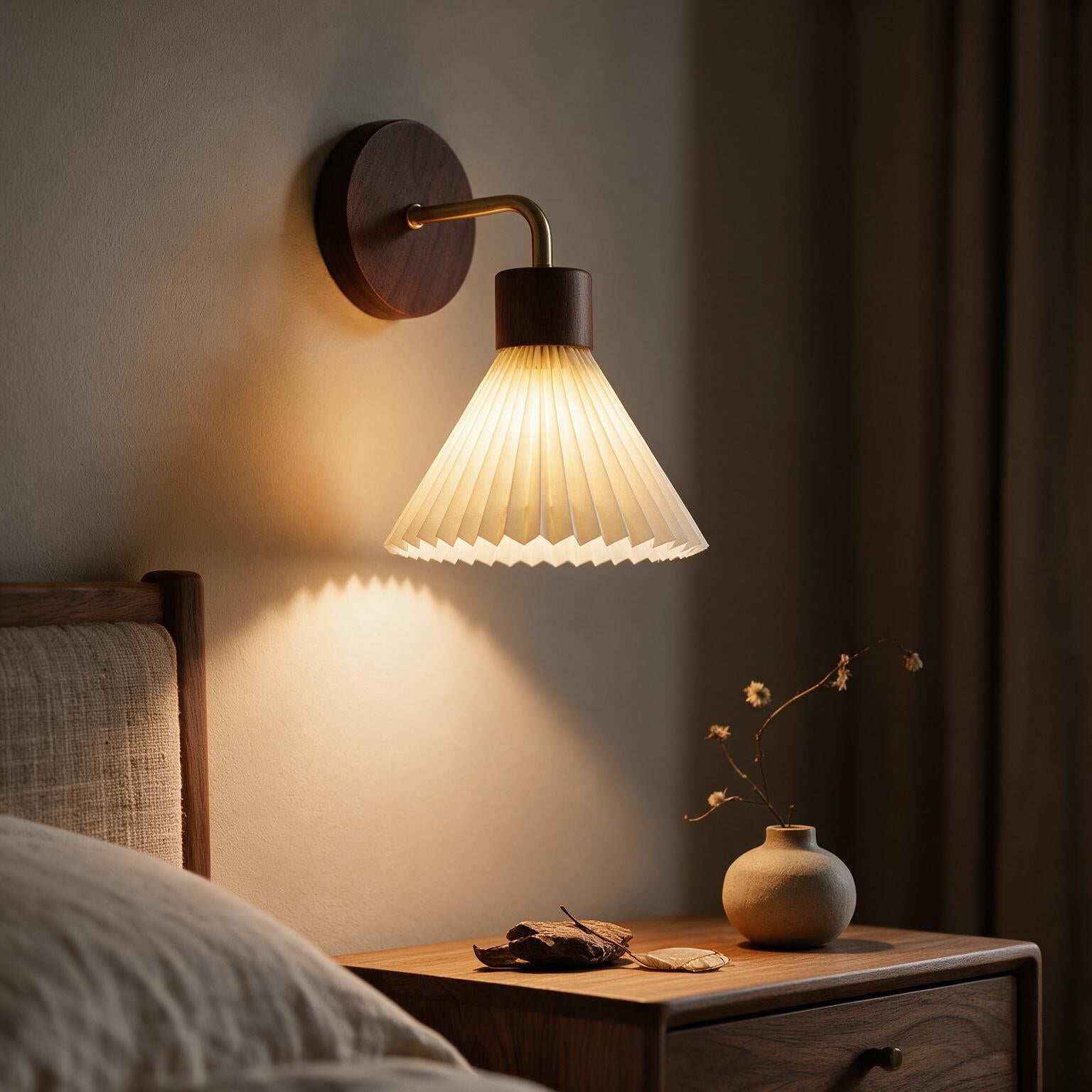 Arandela de Parede em Madeira e Ferro com Cúpula de Tecido E27 Bivolt Estilo Nórdico para Quarto e Sala