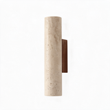 Arandela de Parede Tubular em Pedra Travertino e Madeira G9 Bivolt Wabi-Sabi Bidirecional para Quarto e Sala