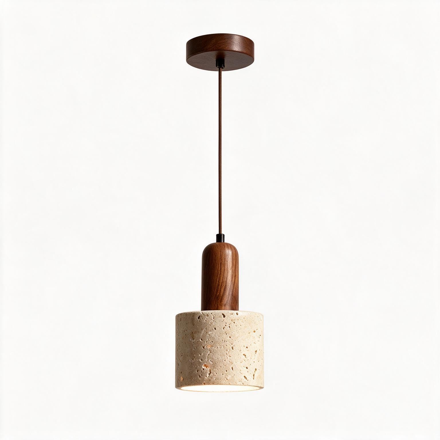 Pendente de Teto Cilíndrico em Pedra Travertino e Madeira E27 Bivolt Wabi-Sabi para Quarto e Sala de Jantar