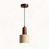 Pendente de Teto Cilíndrico em Pedra Travertino e Madeira E27 Bivolt Wabi-Sabi para Quarto e Sala de Jantar
