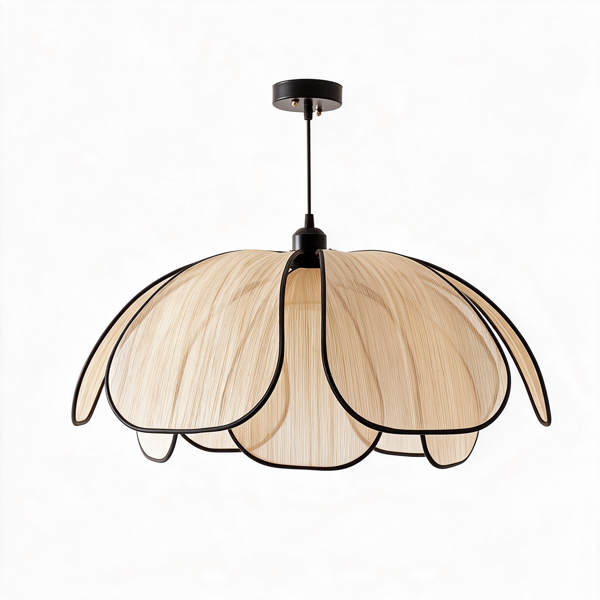 Lustre Pendente em Fibra Vegetal Trançada à Mão e Ferro E27 Bivolt Formato Lótus para Sala de Jantar e Quarto