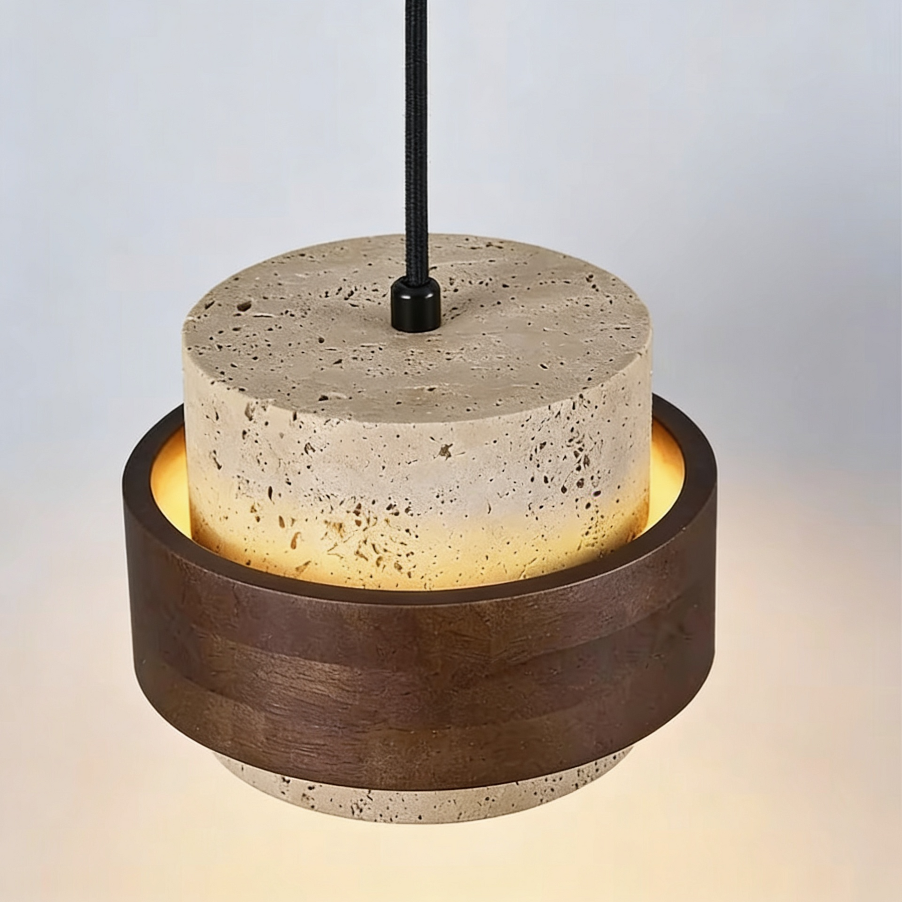 Pendente de Teto em Pedra Travertino e Madeira E27 Bivolt Estilo Japonês para Sala de Jantar e Quarto